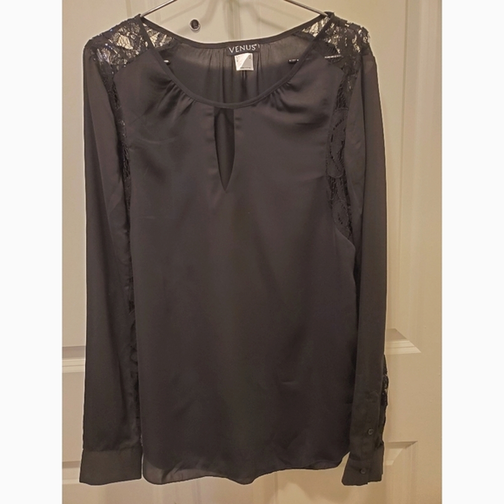 Venus Long Sleeve Blouse W Lace Detail, Black, Size Small